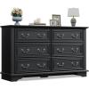 imageWLIVE Farmhouse Dresser for Bedroom 5197 Wide Wood 6 Drawer Dresser Chest of Drawers with Roman Metal Handle TV Stand for 60 inch TV for Living Room Hallway Black