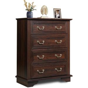 imageWLIVE Farmhouse Dresser for Bedroom Black Wood Storge Cabinet with 4 Drawers for Living Room Hallway Closet Tall Retro Nightstand with Roman Metal HandleBrown