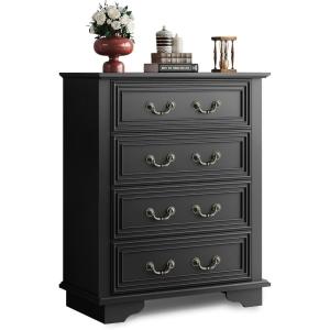 imageWLIVE Farmhouse Dresser for Bedroom Black Wood Storge Cabinet with 4 Drawers for Living Room Hallway Closet Tall Retro Nightstand with Roman Metal HandleBlack