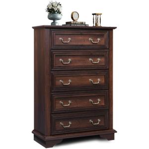 imageWLIVE Farmhouse Dresser for Bedroom Tall Wood Dresser with 5 Drawer Chest of Drawers with Roman Metal Handle for Living Room Hallway Closet Brown