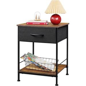 imageWLIVE Night Stand Side Table with Fabric Storage Drawer Small Nightstand Bedside Table End Table for Bedroom Dorm Open Wood Shelf Steel Frame Black and Rustic Brown