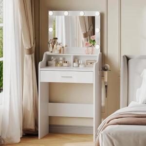 imageWLIVE Small Vanity Desk Set with Mirror ampamp 3 Color Lighting Modes 238 Makeup Table with Shelves and Storage Drawers for Bedroom Compact Dressing Table and Storage Chair Set for Tiny Space PinkWhite