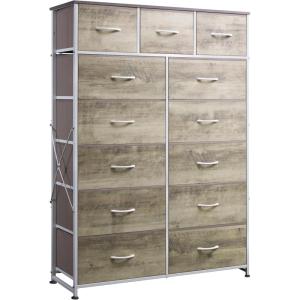 imageWLIVE Tall Dresser for Bedroom with 13 Drawers Storage Dresser Organizer Unit Fabric Dresser for Bedroom Closet Chest of Drawers with Fabric Bins Steel Frame Wood Top Greige Oak