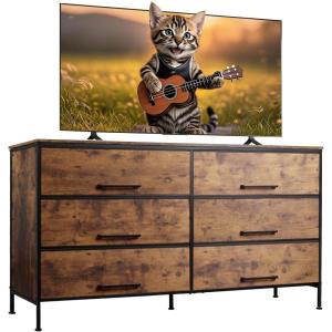 imageWLIVE Wide TV Stand for 60 65 70 inch TV Large Entertainment Center with 6 Fabric Drawer TV Media Console Table with Wood Top Adjustable Feet for Living Room Hallway Rustic Brown
