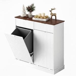 imageWLIVE 2  10 Gallon Double Tilt Out Trash Can Cabinet Hidden Trash Can Cabinet with 2 AC USB Outlets Storage Drawers FoodClothes Storage Pet Proof Kitchen Trash bin Cabinet for Home BlackWhite