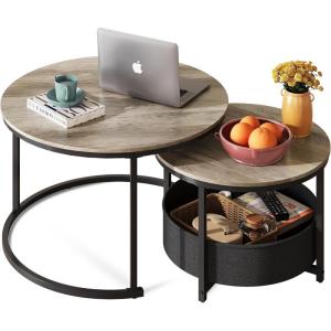 imageWLIVE Round Coffee Table Set of 2 315quot Nesting Coffee Table with Storage Industrial Minimalist Center Table with Metal Frame Easy Assembly for Living Room Apartment GreyGreige