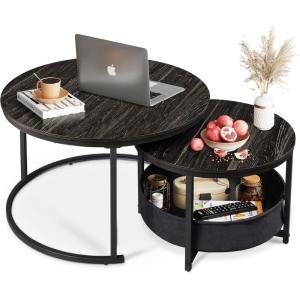 imageWLIVE Round Coffee Table Set of 2 315quot Nesting Coffee Table with Storage Industrial Minimalist Center Table with Metal Frame Easy Assembly for Living Room Apartment GreyCharcoal Black