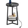 imageWLIVE Round End Table 2 Tier Side Table with Charging Station Round Nightstand with Storage Shelf Small Spaces Living RoomBedroom Wood Tabletop ampamp Metal Frame BlackBlack