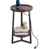 imageWLIVE Round End Table 2 Tier Side Table with Charging Station Round Nightstand with Storage Shelf Small Spaces Living RoomBedroom Wood Tabletop ampamp Metal Frame BlackBrown
