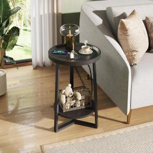imageWLIVE Round End Table 2 Tier Side Table with Charging Station Round Nightstand with Storage Shelf Small Spaces Living RoomBedroom Wood Tabletop ampamp Metal Frame BlackBlack