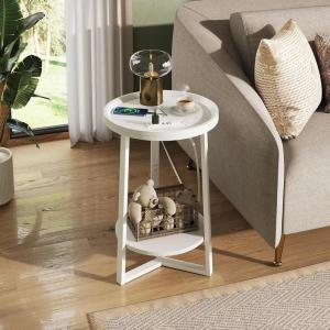 imageWLIVE Round End Table 2 Tier Side Table with Charging Station Round Nightstand with Storage Shelf Small Spaces Living RoomBedroom Wood Tabletop ampamp Metal Frame BlackWhite