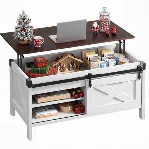 imageWLIVE Lift Top Coffee Table 394quot Farmhouse Coffee Table with Large Hidden Storage Compartment Sliding Barn Doors Modern Wood Center Table for Living Room Office WhiteWhite
