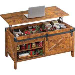 imageWLIVE Lift Top Coffee Table 394quot Farmhouse Coffee Table with Large Hidden Storage Compartment Sliding Barn Doors Modern Wood Center Table for Living Room Office WhiteRustic Brown