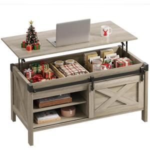 imageWLIVE Lift Top Coffee Table 394quot Farmhouse Coffee Table with Large Hidden Storage Compartment Sliding Barn Doors Modern Wood Center Table for Living Room Office WhiteGrey