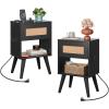 imageWLIVE Rattan Nightstands Set of 2 Night Stand Sets with Charging Station Boho Bed Side Table with Storage Drawer and Open Shelf End Tables Bedroom Natural OakBlack