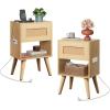 imageWLIVE Rattan Nightstands Set of 2 Night Stand Sets with Charging Station Boho Bed Side Table with Storage Drawer and Open Shelf End Tables Bedroom Natural OakRatten Natural Wood