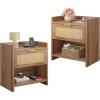 imageWLIVE Rattan Nightstands Set of 2 Night Stand Sets with Charging Station Boho Bed Side Table with Storage Drawer and Open Shelf End Tables Bedroom Natural OakWalnut Brown