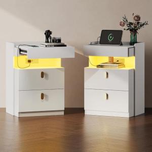 imageWLIVE LED Nighstand with Charging Station Night Stand with Sliding Top and 2 Drawers Modern Bedside Table End Tables with Hidden Space for Bedroom Living Room BlackWhite