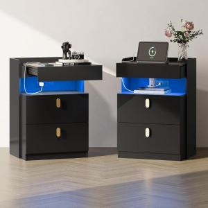imageWLIVE LED Nighstand with Charging Station Night Stand with Sliding Top and 2 Drawers Modern Bedside Table End Tables with Hidden Space for Bedroom Living Room BlackBlack