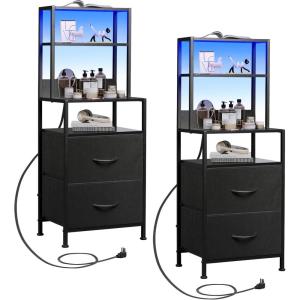 imageWLIVE Nightstand Set of 2 with Charging Station LED Night Stand Sets with 2 Drawers and 4 Storage Open Shelves Fabric Dressers for Bedroom BlackBlack