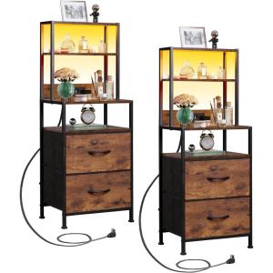 imageWLIVE Nightstand Set of 2 with Charging Station LED Night Stand Sets with 2 Drawers and 4 Storage Open Shelves Fabric Dressers for Bedroom BlackRustic Brown