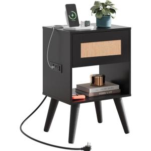 imageWLIVE Rattan Nightstands Set of 2 Night Stand Sets with Charging Station Boho Bed Side Table with Storage Drawer and Open Shelf End Tables Bedroom Natural OakBlack