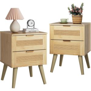 imageWLIVE Rattan Nightstands Set of 2 Night Stand Sets with Charging Station Boho Bed Side Table with Storage Drawer and Open Shelf End Tables Bedroom Natural OakNatural