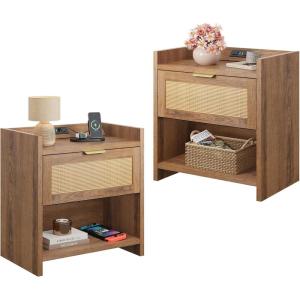 imageWLIVE Rattan Nightstands Set of 2 Night Stand Sets with Charging Station Boho Bed Side Table with Storage Drawer and Open Shelf End Tables Bedroom Natural OakWalnut Brown
