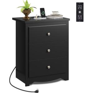 imageWLIVE Tall Nightstand with Charging Station Wood Nightstand with 3 Drawers Bedside Tables Bedroom Dorm End Table with 2 USB Ports and 2 AC Outlets Bedside Table EspressoBlack