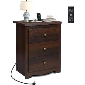 imageWLIVE Tall Nightstand with Charging Station Wood Nightstand with 3 Drawers Bedside Tables Bedroom Dorm End Table with 2 USB Ports and 2 AC Outlets Bedside Table EspressoEspresso