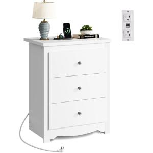 imageWLIVE Tall Nightstand with Charging Station Wood Nightstand with 3 Drawers Bedside Tables Bedroom Dorm End Table with 2 USB Ports and 2 AC Outlets Bedside Table EspressoWhite