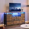 imageWLIVE Black TV Stand for 55 60 65 inch TV Entertainment Center with LED Lights ampamp Charging Station TV Media Console Table with 15 Fabric Drawers and Open Shelves for Living Room Hallway Wood TopRustic Brown Wood Grain Print