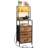 imageWLIVE Tall White Nightstand with Charging Station LED Night Stand with 3 Fabric Drawers and Storage Open Shelves Bedroom Nightstand Table Bed Side Table for Living RoomRustic Brown