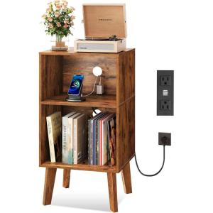 imageNightstand Mid Century Modern Bedside Table with Storage and Open Wood Shelf Small End Table with Wood Legs for Living Room Bedroom and Small Spaces Rustic BrownRustic Brown