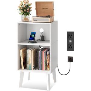 imageNightstand Mid Century Modern Bedside Table with Storage and Open Wood Shelf Small End Table with Wood Legs for Living Room Bedroom and Small Spaces Rustic BrownWhite