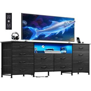 imageWLIVE 12 Drawer Dresser for Bedroom Black Dresser TV Stand for 65 70 75 inch TV with Led Light ampamp Charging Station Wide Chest of Drawers with Open Shelves Fabric Dressers for Closet Living RoomCharcoal Black Wood Grain Print