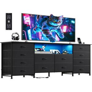 imageWLIVE 12 Drawer Dresser for Bedroom Black Dresser TV Stand for 65 70 75 inch TV with Led Light ampamp Charging Station Wide Chest of Drawers with Open Shelves Fabric Dressers for Closet Living RoomBlack