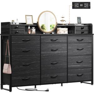 imageWLIVE 55W Storage Organizer Unit with Charging Station Black Storage Drawers Organizer with 16 Fabric Drawers ampamp 3 Open Shelves Large Storage Tower Organizaton for Living Room Hallway OfficeCharcoal Black Wood Grain Print