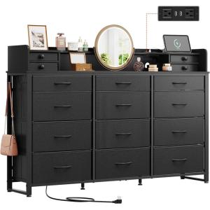 imageWLIVE 55W Storage Organizer Unit with Charging Station Black Storage Drawers Organizer with 16 Fabric Drawers ampamp 3 Open Shelves Large Storage Tower Organizaton for Living Room Hallway OfficeBlack