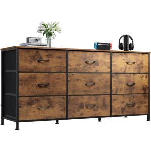 imageWLIVE 63W Dresser for Bedroom Dresser TV Stand for 65 70 75 inch TV Wide Chest of Drawers with 9 Drawer Large Entertainment Center Fabric Dressers with Wood Top for Living Room Rustic BrownRustic Brown Wood Grain Print