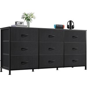 imageWLIVE 63W Dresser for Bedroom Dresser TV Stand for 65 70 75 inch TV Wide Chest of Drawers with 9 Drawer Large Entertainment Center Fabric Dressers with Wood Top for Living Room Rustic BrownBlack