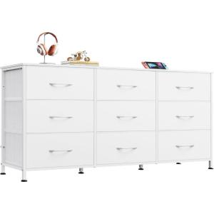 imageWLIVE 63W Dresser for Bedroom Dresser TV Stand for 65 70 75 inch TV Wide Chest of Drawers with 9 Drawer Large Entertainment Center Fabric Dressers with Wood Top for Living Room Rustic BrownWhite