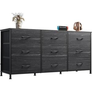 imageWLIVE 63W Dresser for Bedroom Dresser TV Stand for 65 70 75 inch TV Wide Chest of Drawers with 9 Drawer Large Entertainment Center Fabric Dressers with Wood Top for Living Room Rustic BrownCharcoal Black Wood Grain Print