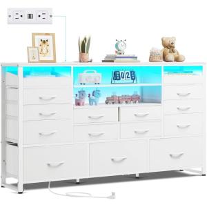 imageWLIVE Black TV Stand for 55 60 65 inch TV Entertainment Center with LED Lights ampamp Charging Station TV Media Console Table with 15 Fabric Drawers and Open Shelves for Living Room Hallway Wood TopWhite