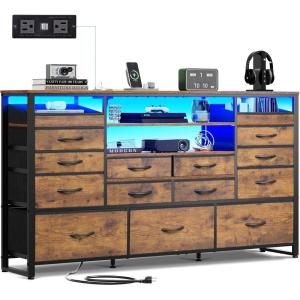 imageWLIVE Black TV Stand for 55 60 65 inch TV Entertainment Center with LED Lights ampamp Charging Station TV Media Console Table with 15 Fabric Drawers and Open Shelves for Living Room Hallway Wood TopRustic Brown Wood Grain Print