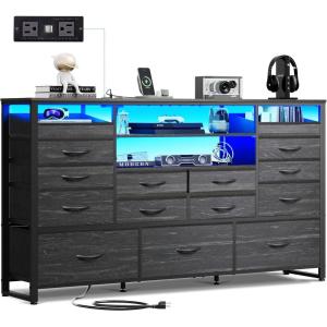 imageWLIVE Black TV Stand for 55 60 65 inch TV Entertainment Center with LED Lights ampamp Charging Station TV Media Console Table with 15 Fabric Drawers and Open Shelves for Living Room Hallway Wood TopCharcoal Black Wood Grain Print