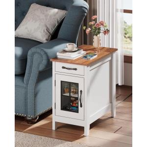imageWLIVE End Table with Charging Station Narrow Side Table for Living Room Farmhouse Night Stand with Storage Small Wooden Cabinet Nightstand with USB Ports and Outlets 237quot D x 1378quot W x 237quot HWhite