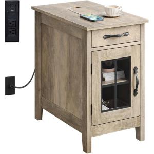 imageWLIVE End Table with Charging Station Narrow Side Table for Living Room Farmhouse Night Stand with Storage Small Wooden Cabinet Nightstand with USB Ports and Outlets 237quot D x 1378quot W x 237quot HGreige