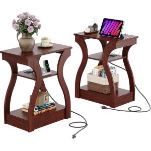imageWLIVE End Tables Living Room Set of 2 Cherry Side Tables with Charging Station Nightstand for Bedroom 3 Tier End Table with Storage Shelf Side Table Set of 2 for Living Room CherryCherry
