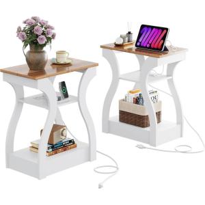 imageWLIVE End Tables Living Room Set of 2 Cherry Side Tables with Charging Station Nightstand for Bedroom 3 Tier End Table with Storage Shelf Side Table Set of 2 for Living Room CherryRustic Brown and White